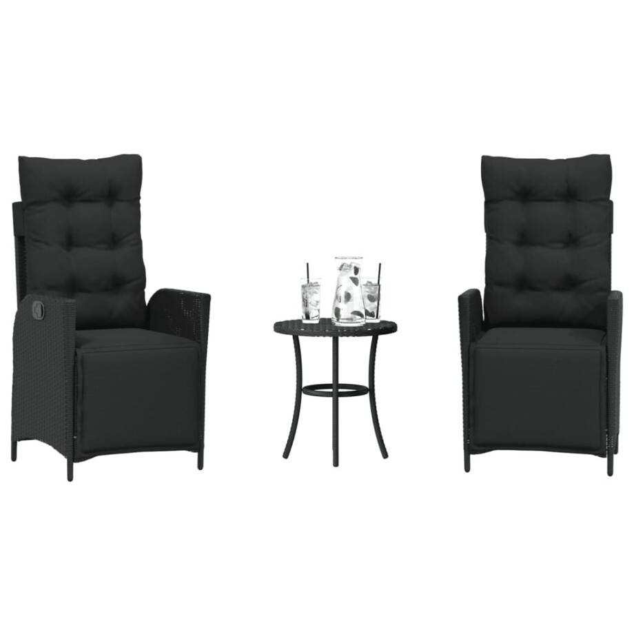 vidaXL 3-delige Bistroset met kussens poly rattan zwart afbeelding 1