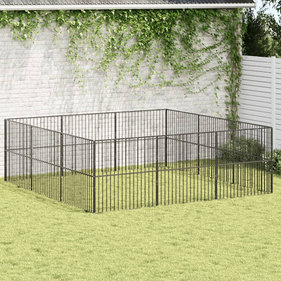 vidaXL Hondenkennel 12 panelen gepoedercoat staal zwart afbeelding 1