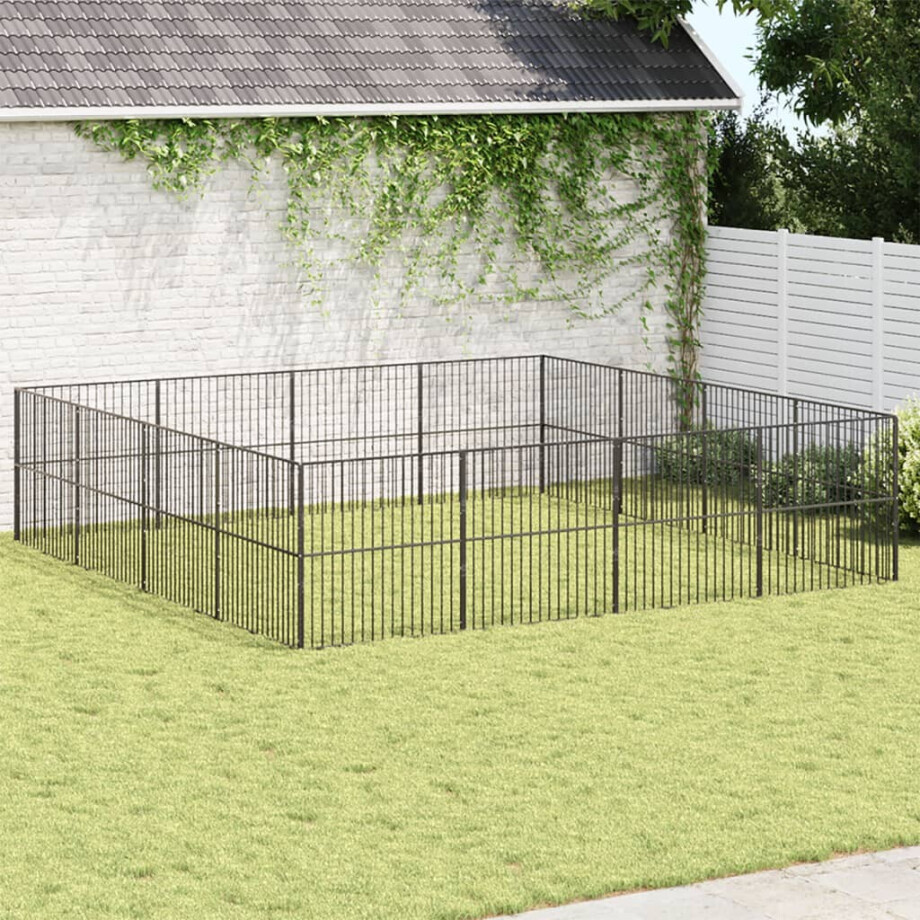 vidaXL Hondenkennel 16 panelen gepoedercoat staal zwart afbeelding 1