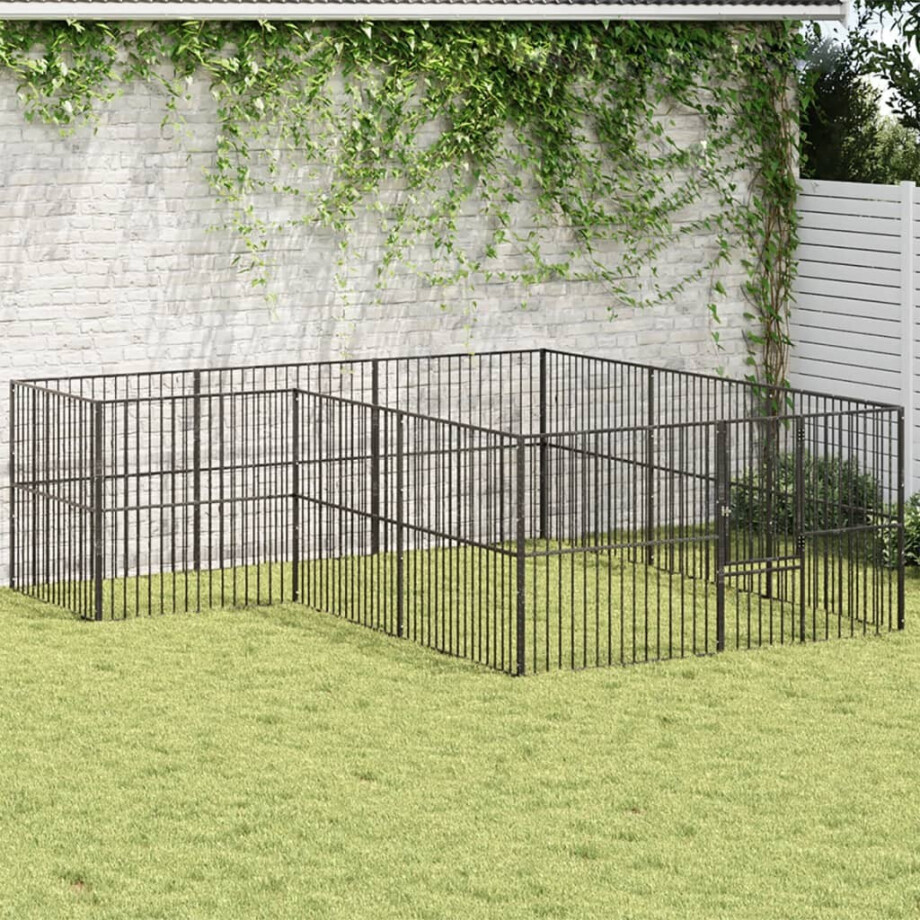 vidaXL Hondenkennel 12 panelen gepoedercoat staal zwart afbeelding 1