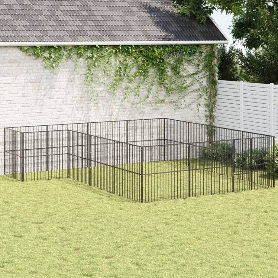 vidaXL Hondenkennel 16 panelen gepoedercoat staal zwart afbeelding 1