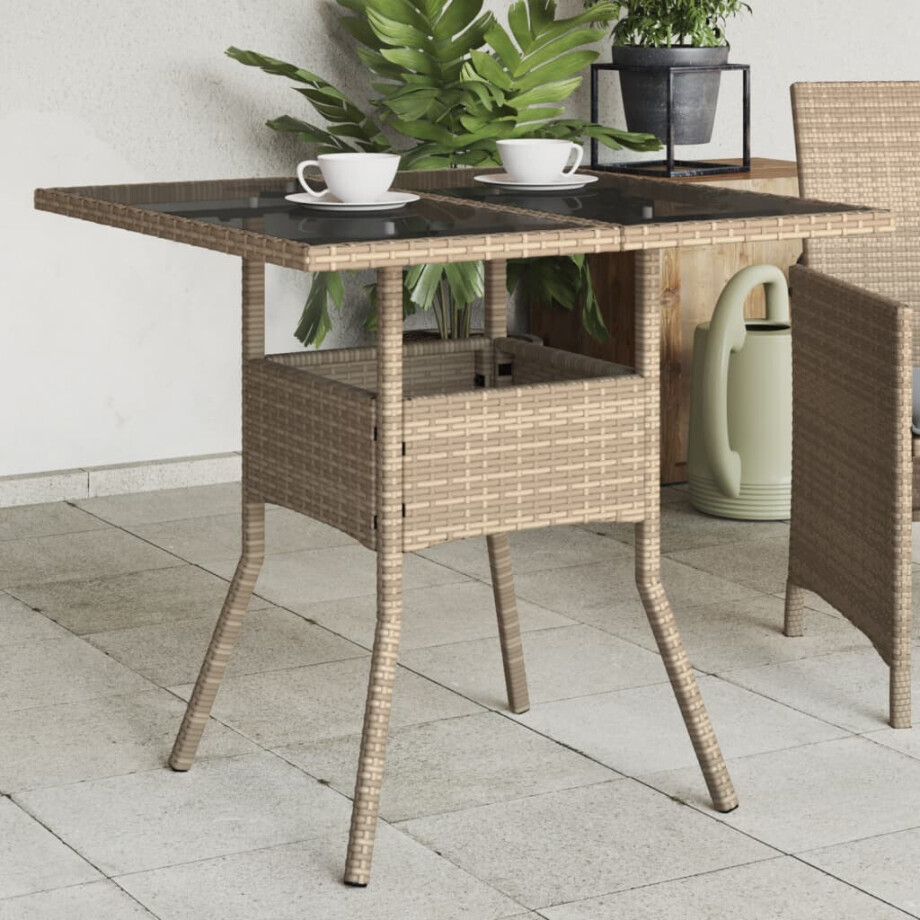 vidaXL Tuintafel met glazen blad 80x80x75 cm poly rattan beige afbeelding 1