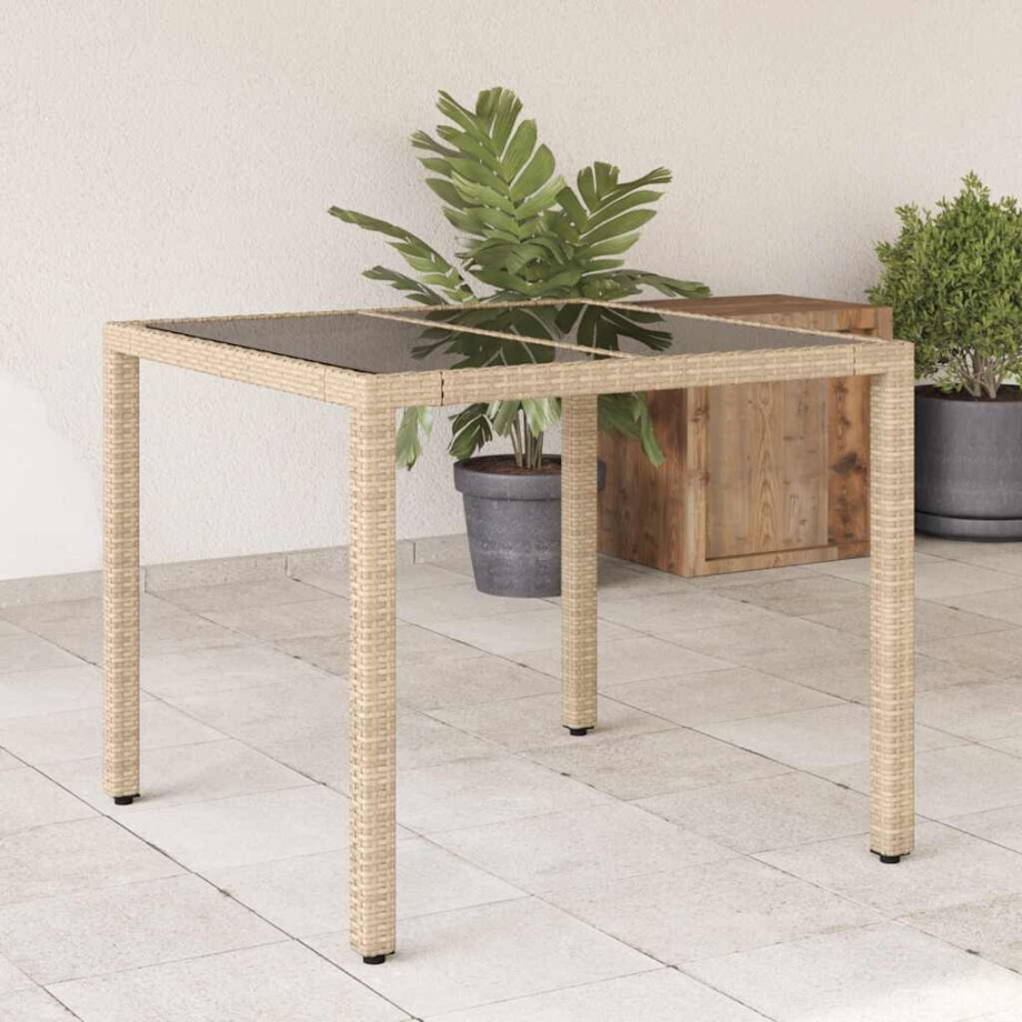 vidaXL Tuintafel met glazen blad 90x90x75 cm poly rattan beige afbeelding 1