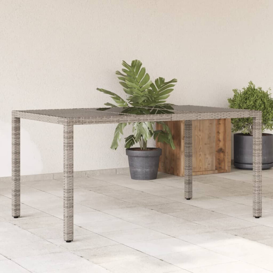 vidaXL Tuintafel met glazen blad 150x90x75 cm poly rattan grijs afbeelding 1