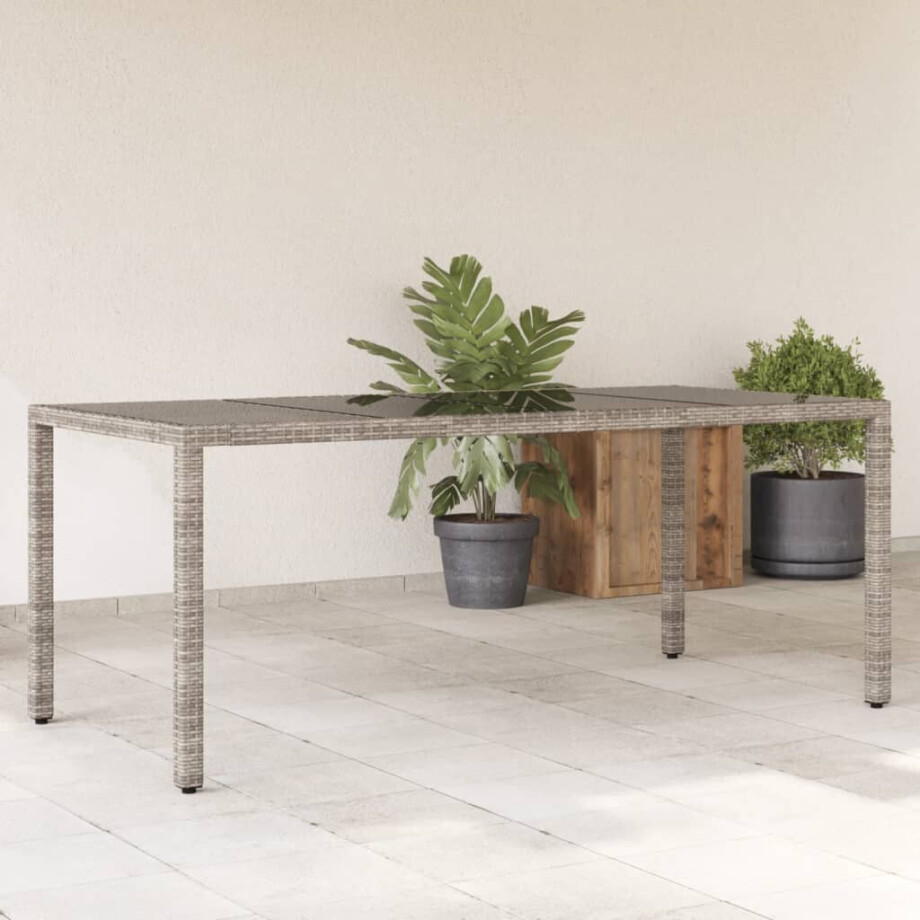 vidaXL Tuintafel met glazen blad 190x90x75 cm poly rattan grijs afbeelding 1