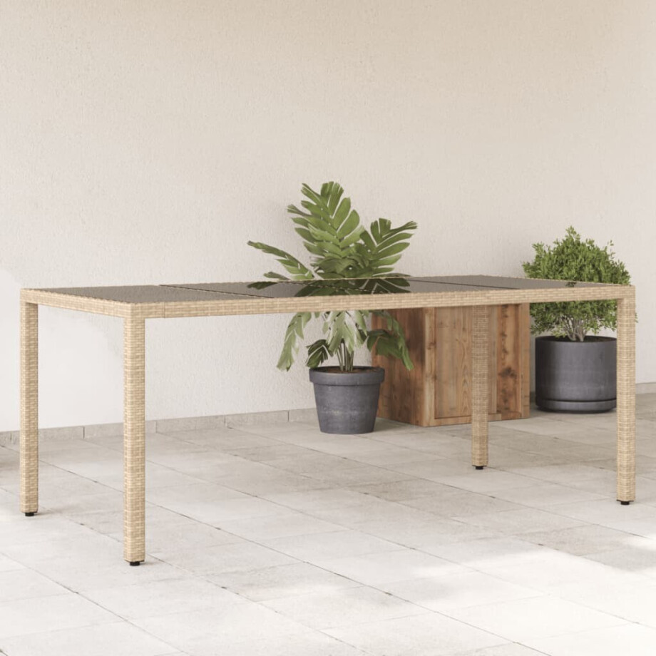 vidaXL Tuintafel met glazen blad 190x90x75 cm poly rattan beige afbeelding 1
