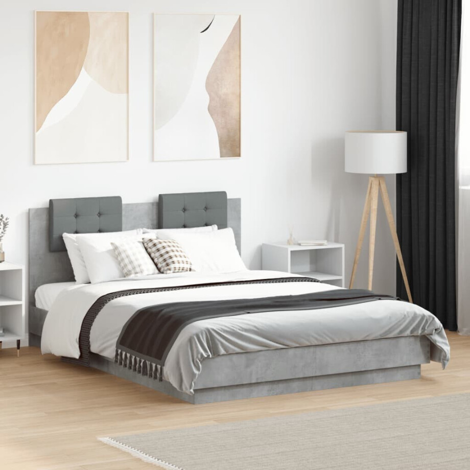 vidaXL Bedframe met hoofdeinde bewerkt hout betongrijs 120x190 cm afbeelding 1