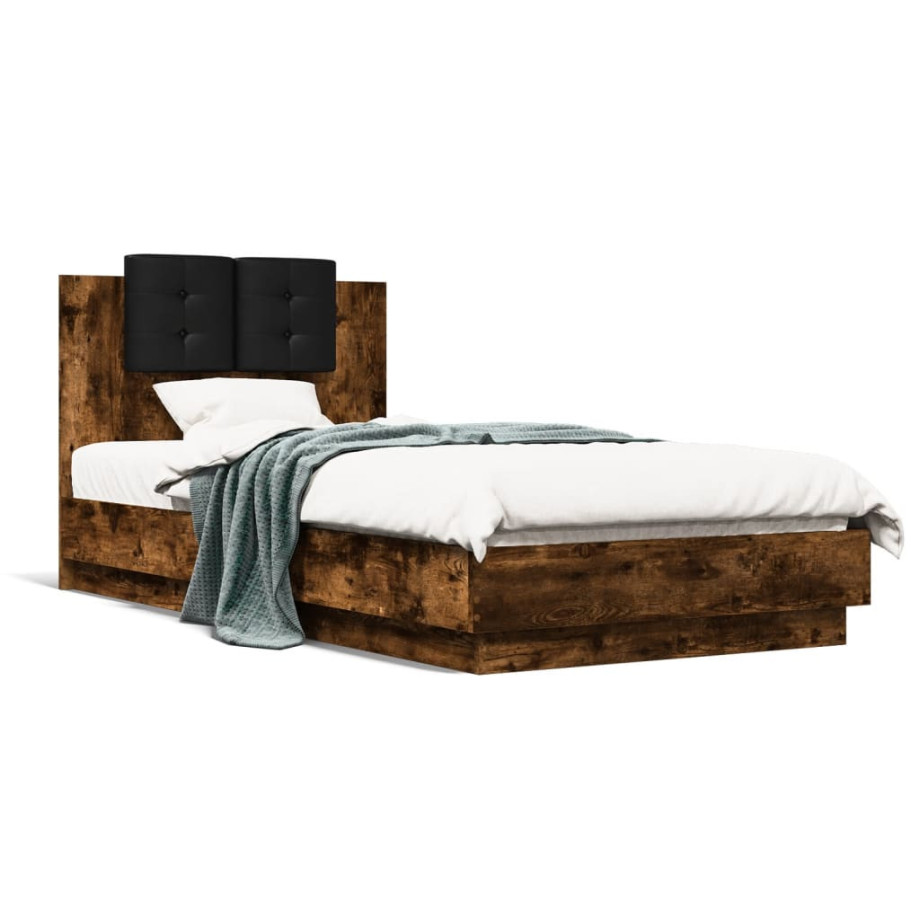 vidaXL Bedframe met hoofdbord bewerkt hout gerookt eiken 75x190 cm afbeelding 1