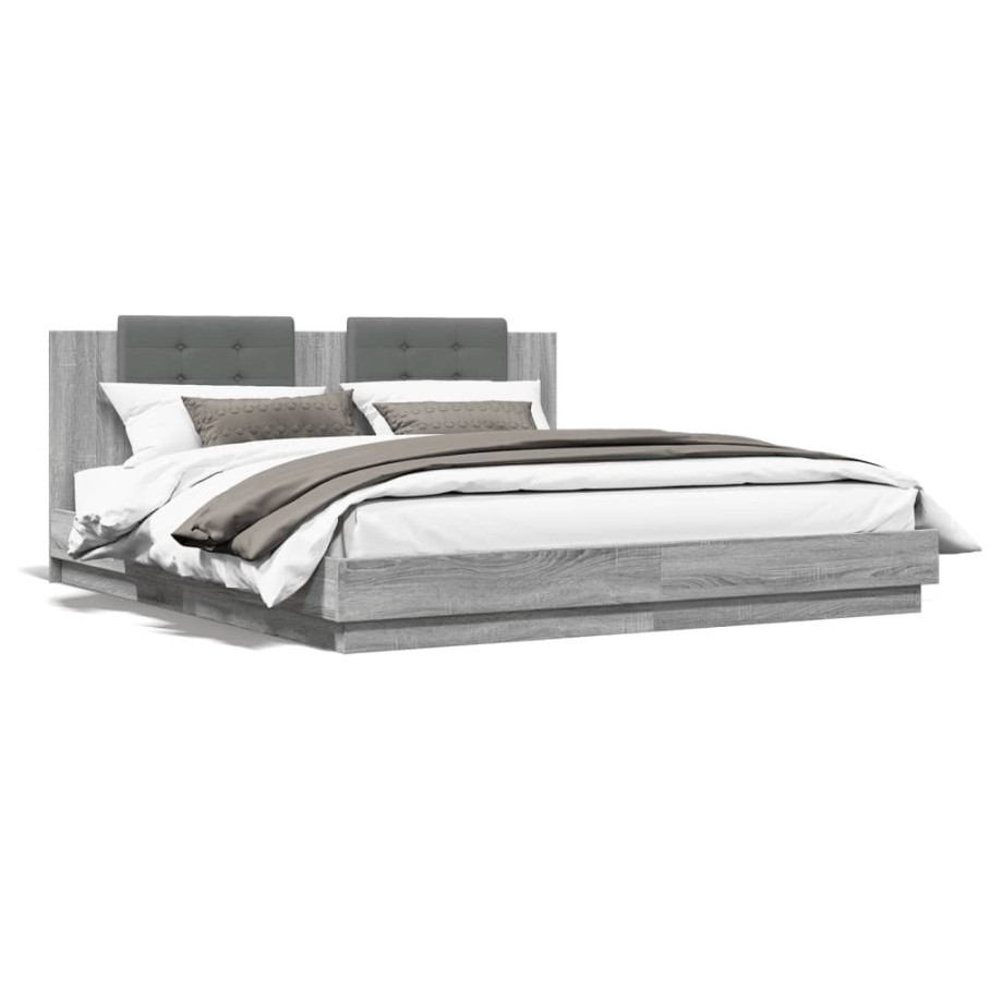 vidaXL Bedframe met hoofdbord en LED grijs sonoma eiken 200x200 cm afbeelding 1