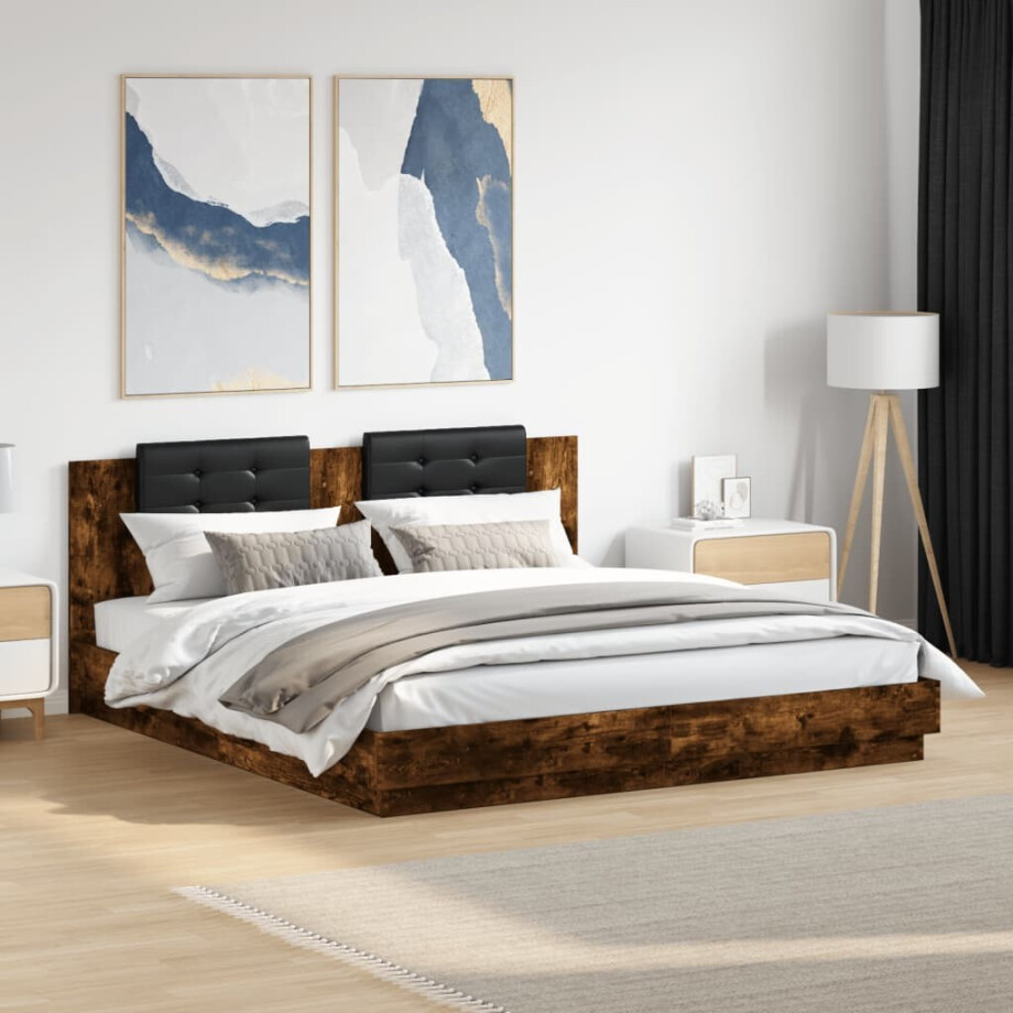 vidaXL Bedframe met hoofdbord en LED gerookt eikenkleur 180x200 cm vidaXL Bedframe met hoofdbord en LED gerookt eikenkleur 180x200 cm afbeelding 1