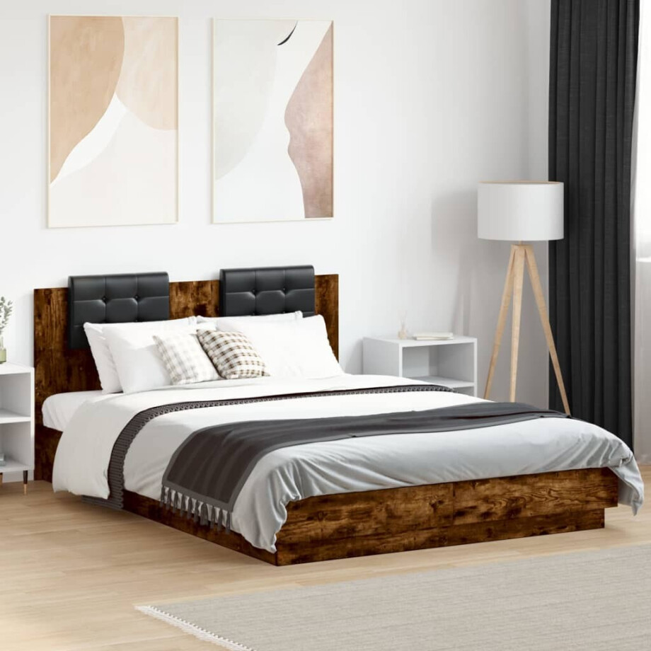 vidaXL Bedframe met hoofdbord en LED gerookt eikenkleur 150x200 cm vidaXL Bedframe met hoofdbord en LED gerookt eikenkleur 150x200 cm afbeelding 1