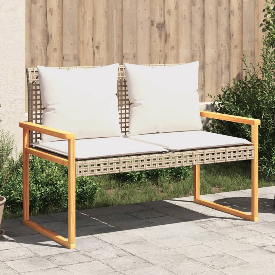 vidaXL Tuinbankje met kussen poly rattan en acaciahout gemengd beige afbeelding 1
