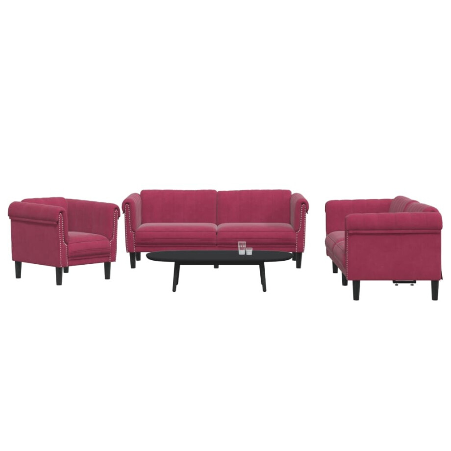 vidaXL 3-delige Loungeset fluweel wijnrood afbeelding 1