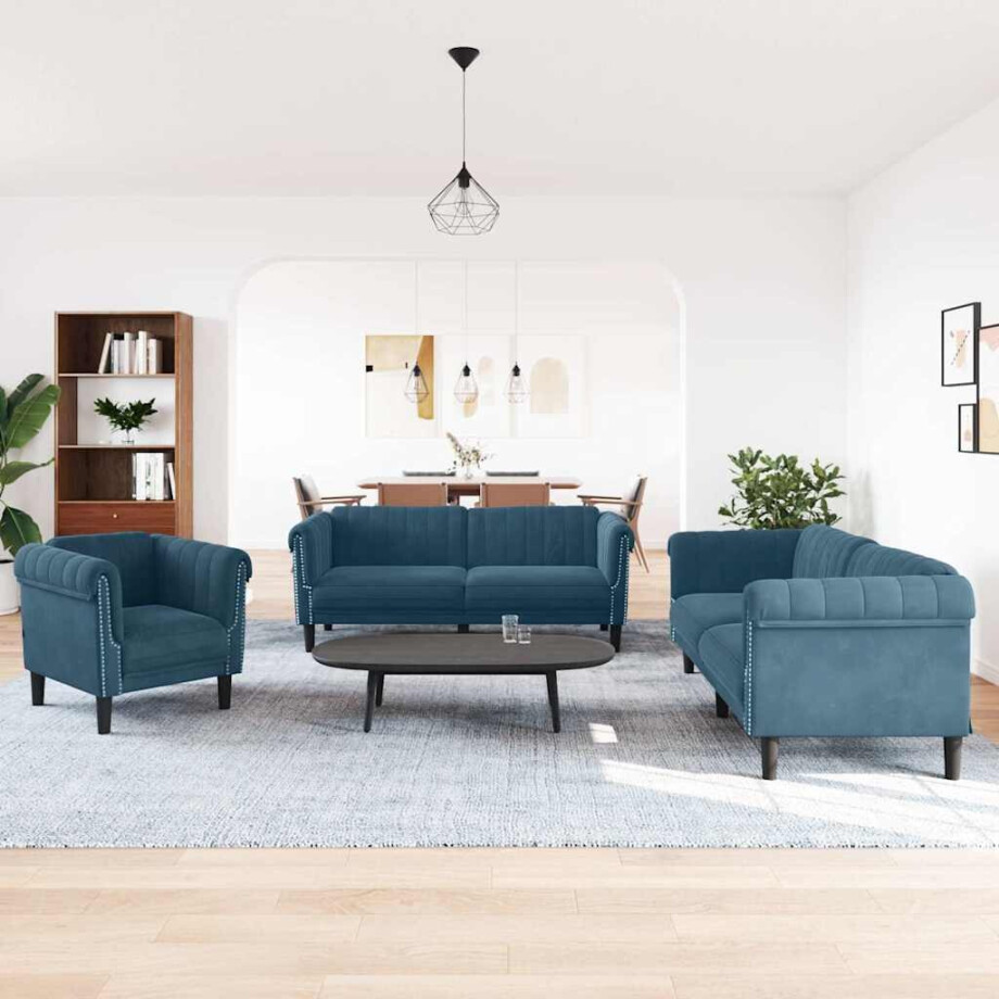 vidaXL 3-delige Loungeset fluweel blauw afbeelding 1
