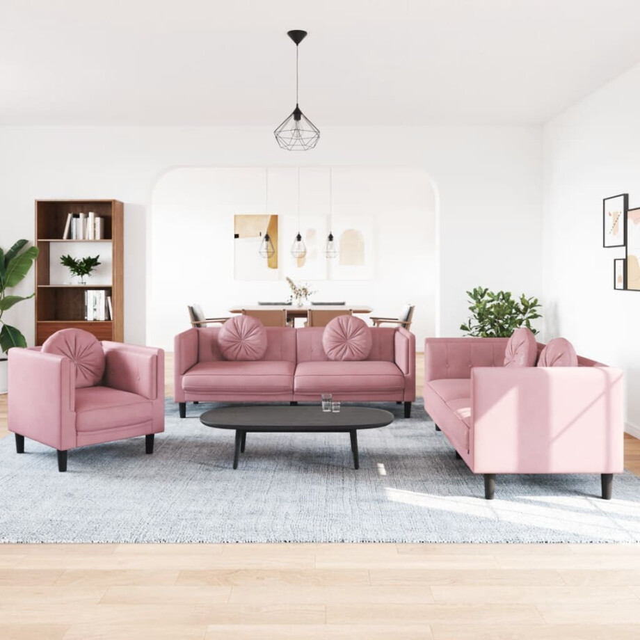 vidaXL 3-delige Loungeset met kussens fluweel roze afbeelding 1