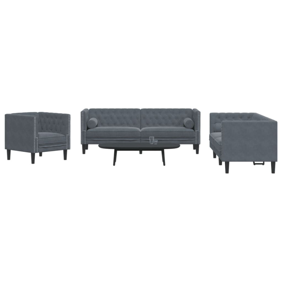 vidaXL 3-delige Loungeset Chesterfield en bolsters fluweel donkergrijs afbeelding 1