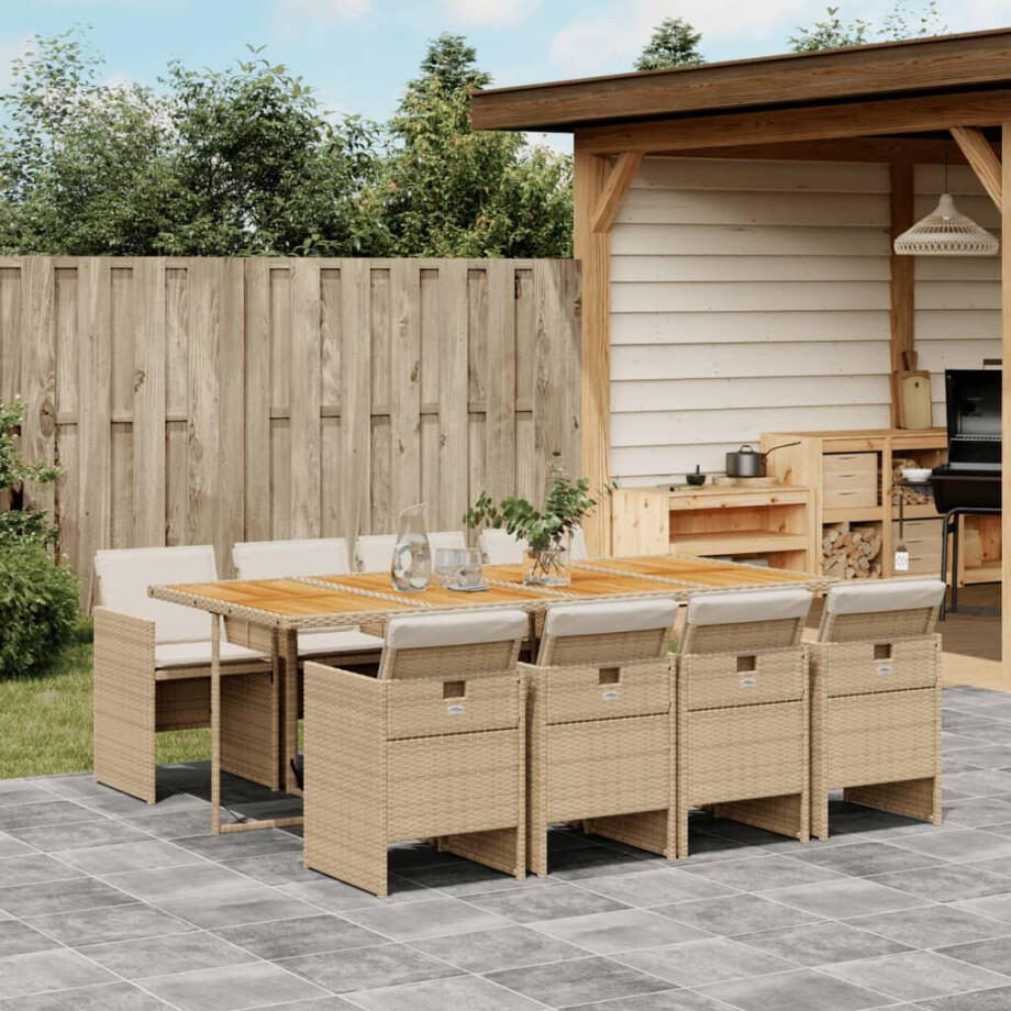 vidaXL 9-delige Tuinset met kussens poly rattan beige afbeelding 1