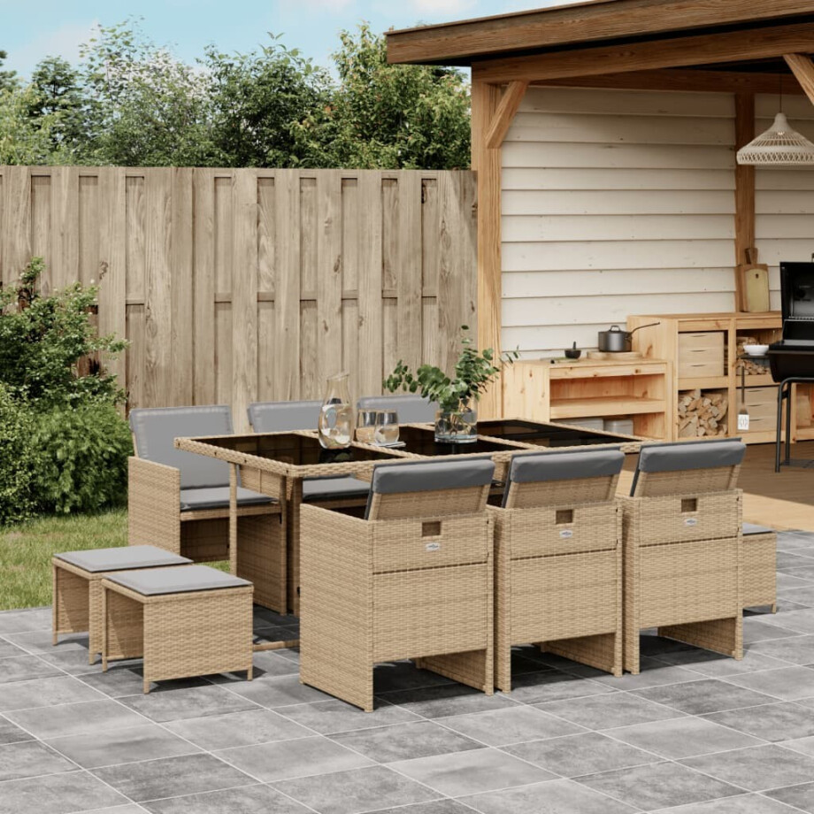 vidaXL 11-delige Tuinset met kussens poly rattan gemengd beige afbeelding 1