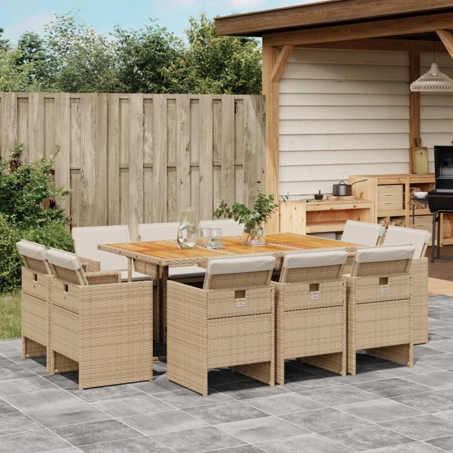 vidaXL 11-delige Tuinset met kussens poly rattan beige afbeelding 1