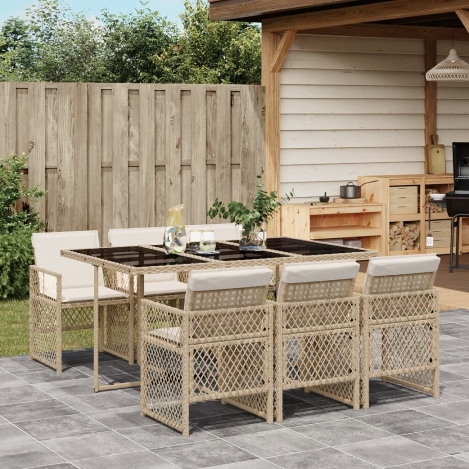 vidaXL 7-delige Tuinset met kussens poly rattan beige afbeelding 1