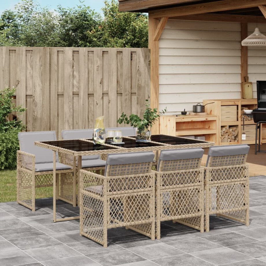 vidaXL 7-delige Tuinset met kussens poly rattan beige afbeelding 1