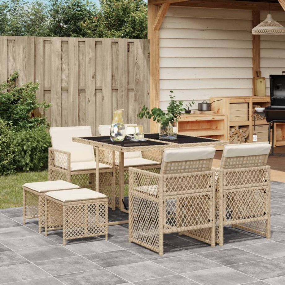 vidaXL 9-delige Tuinset met kussens poly rattan beige afbeelding 1