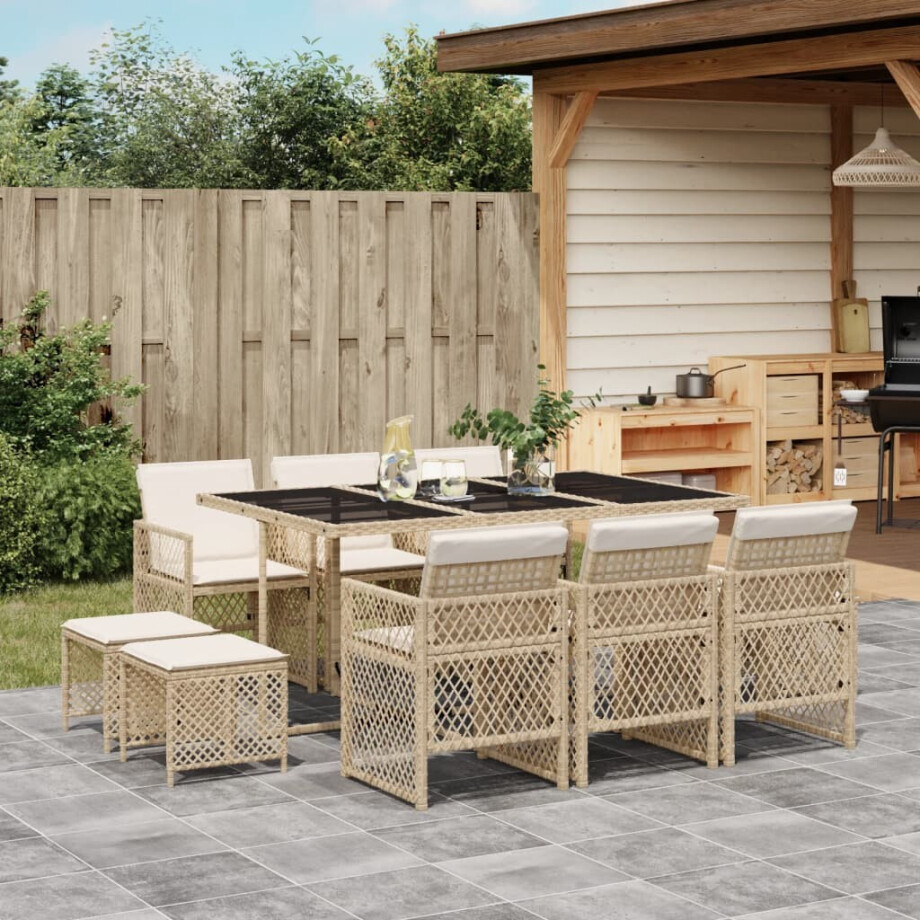 vidaXL 11-delige Tuinset met kussens poly rattan beige afbeelding 1