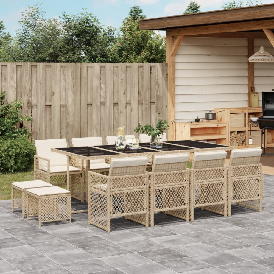 vidaXL 13-delige Tuinset met kussens poly rattan beige afbeelding 1