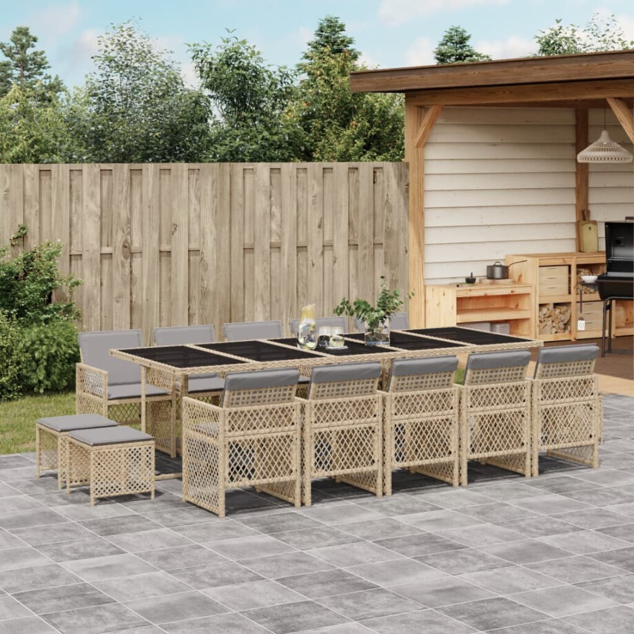vidaXL 15-delige Tuinset met kussens poly rattan beige afbeelding 1