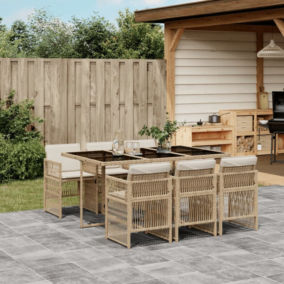 vidaXL 7-delige Tuinset met kussens poly rattan beige afbeelding 1