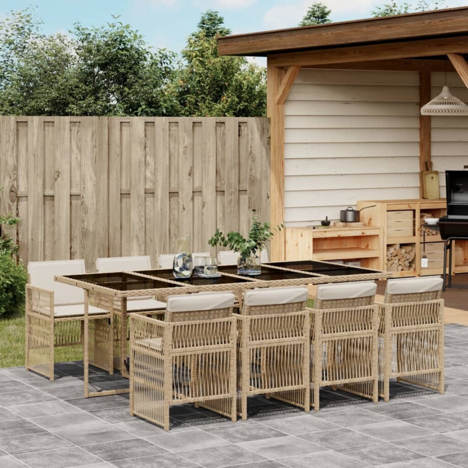 vidaXL 9-delige Tuinset met kussens poly rattan beige afbeelding 1