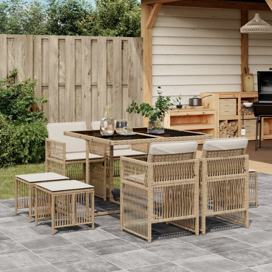 vidaXL 9-delige Tuinset met kussens poly rattan beige afbeelding 1