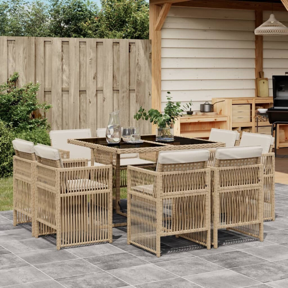 vidaXL 9-delige Tuinset met kussens poly rattan beige afbeelding 1