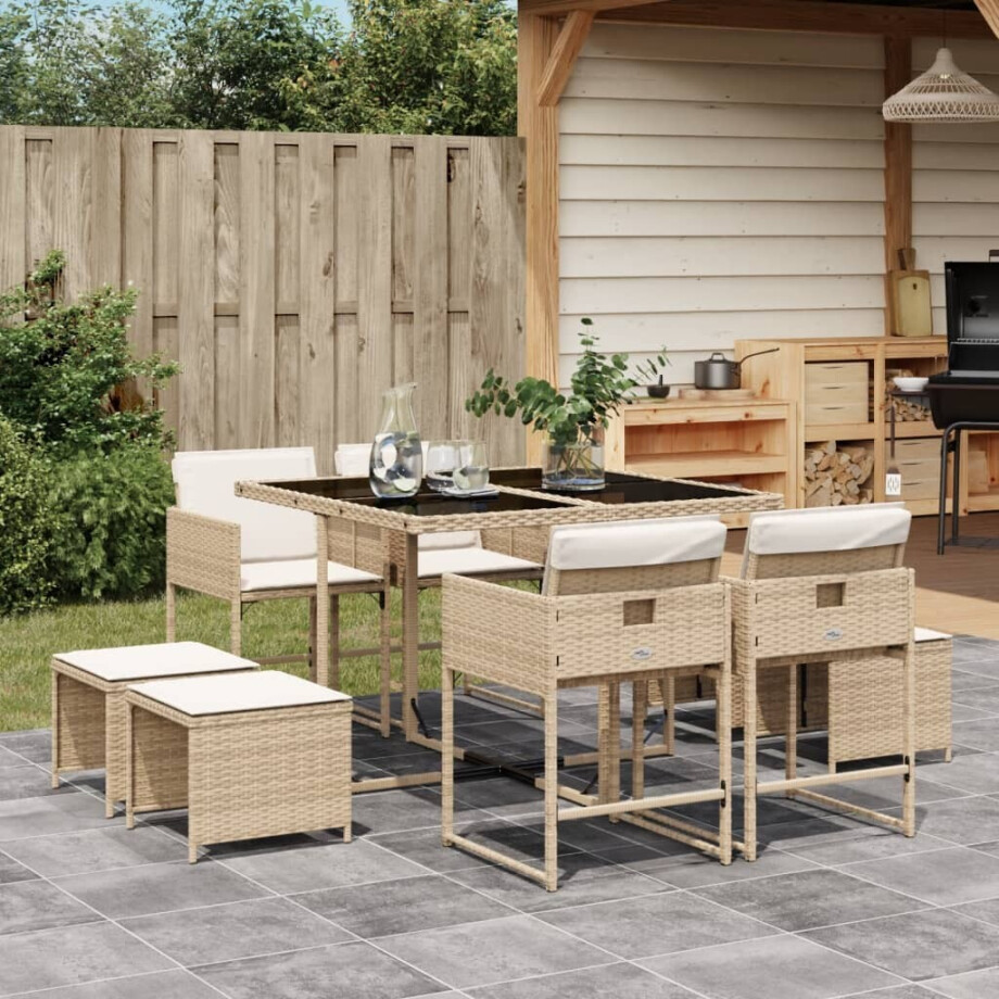 vidaXL 9-delige Tuinset met kussens poly rattan beige afbeelding 1