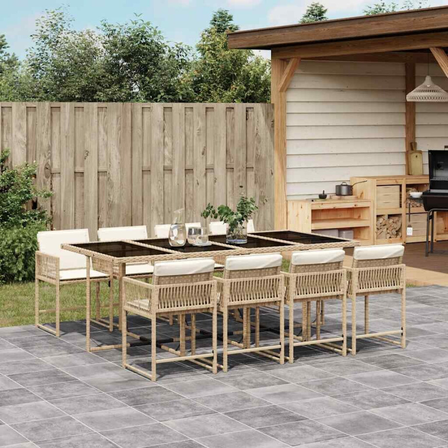 vidaXL 9-delige Tuinset met kussens poly rattan beige afbeelding 1