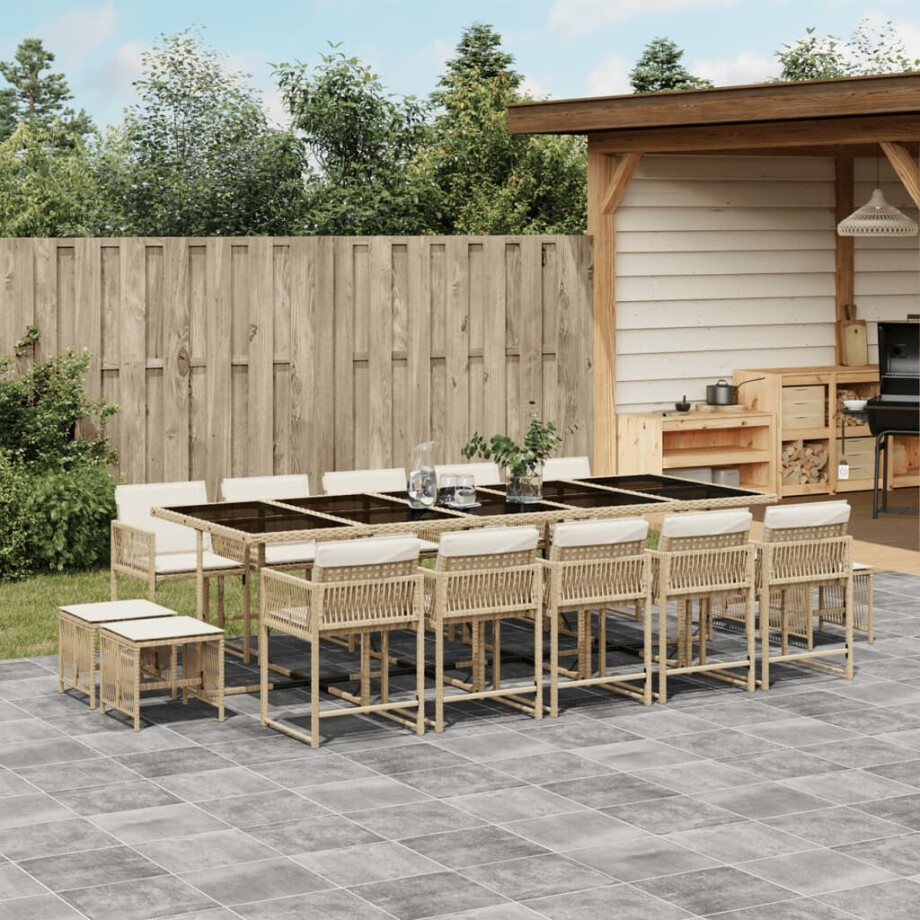 vidaXL 15-delige Tuinset met kussens poly rattan beige afbeelding 1