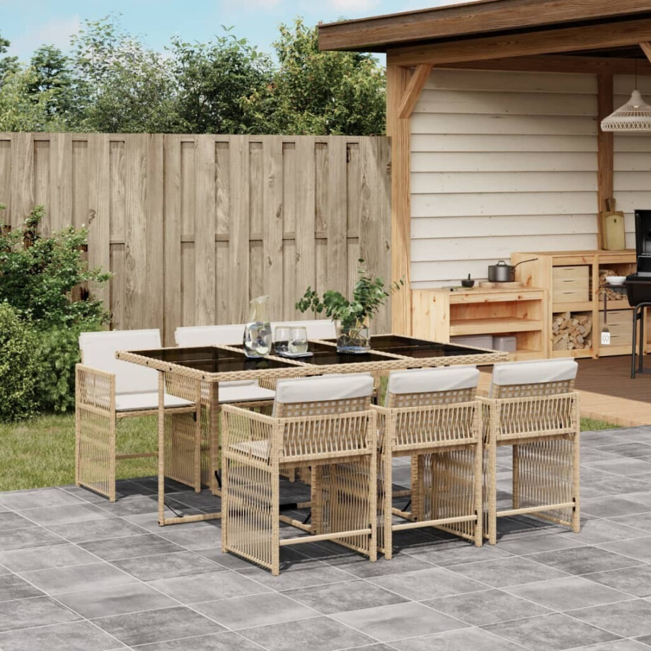 vidaXL 7-delige Tuinset met kussens poly rattan beige afbeelding 1