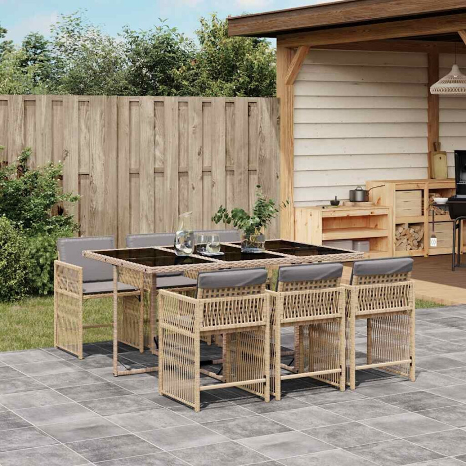 vidaXL 7-delige Tuinset met kussens poly rattan gemengd beige afbeelding 1