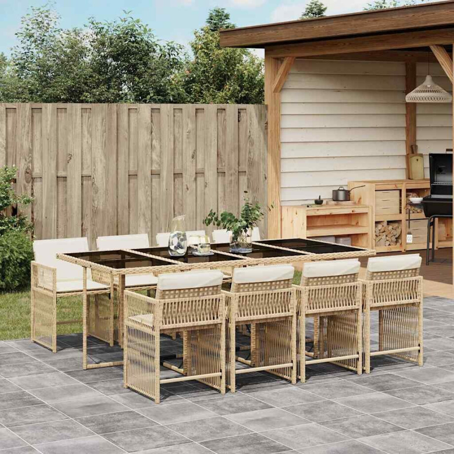 vidaXL 9-delige Tuinset met kussens poly rattan beige afbeelding 1
