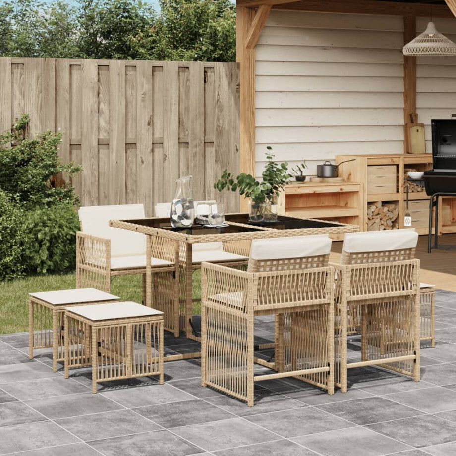 vidaXL 9-delige Tuinset met kussens poly rattan beige afbeelding 1