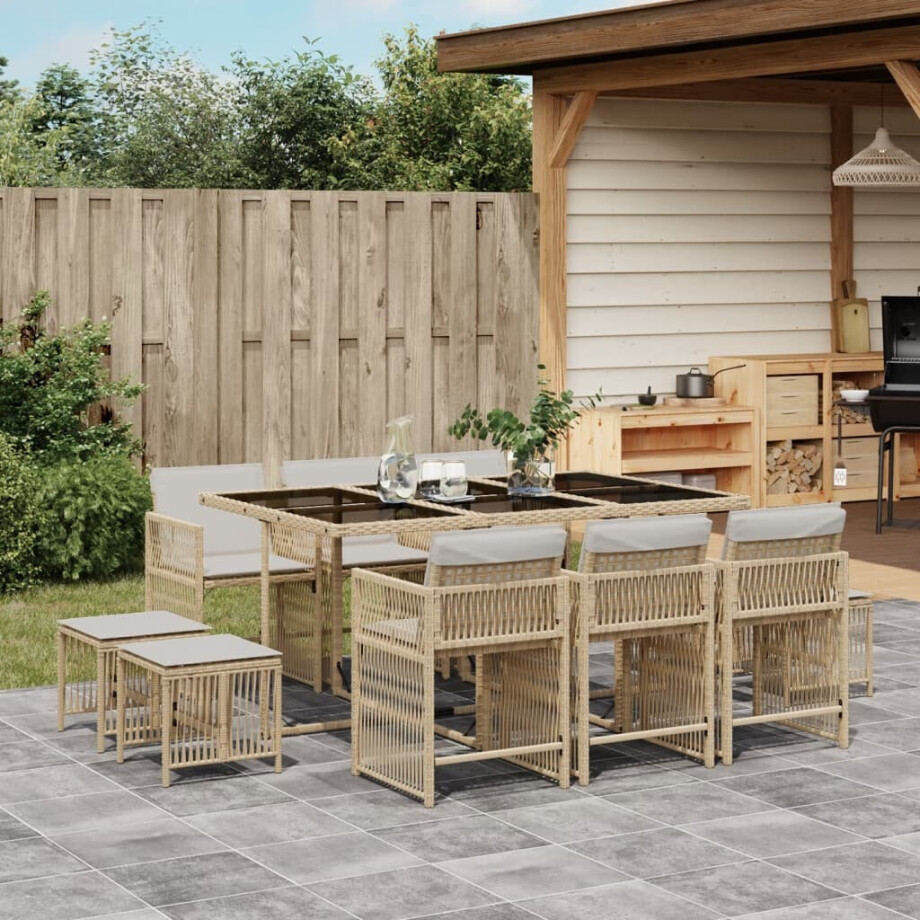 vidaXL 11-delige Tuinset met kussens poly rattan beige afbeelding 1