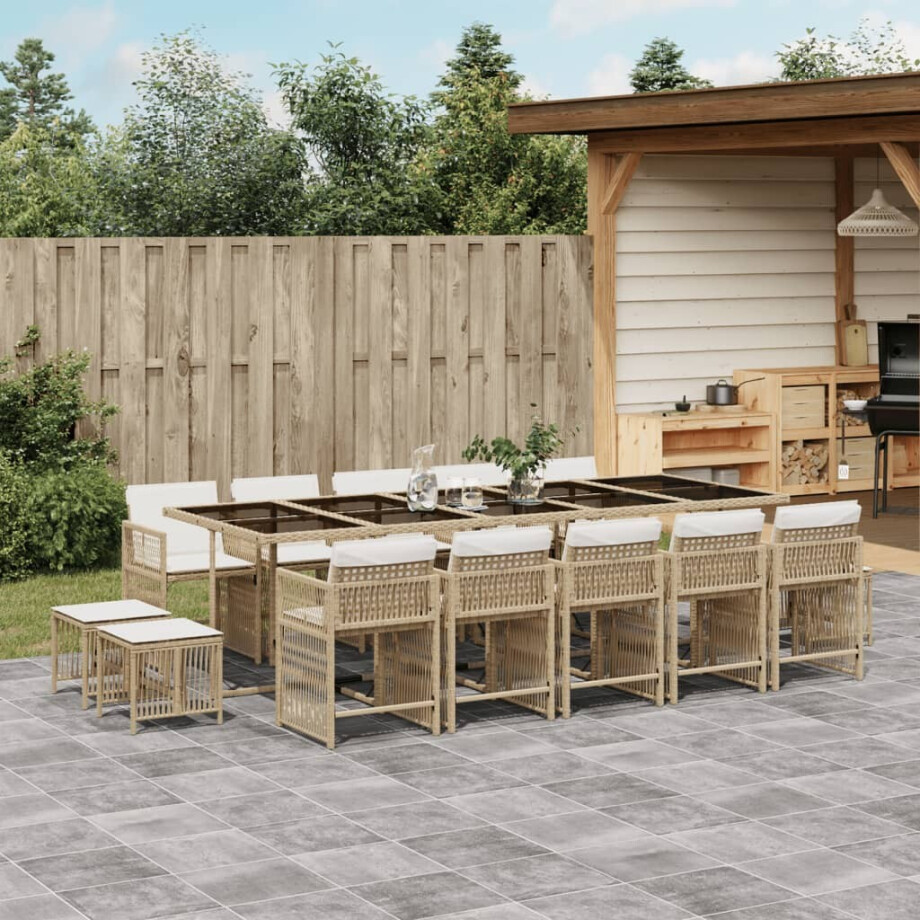 vidaXL 15-delige Tuinset met kussens poly rattan beige afbeelding 1
