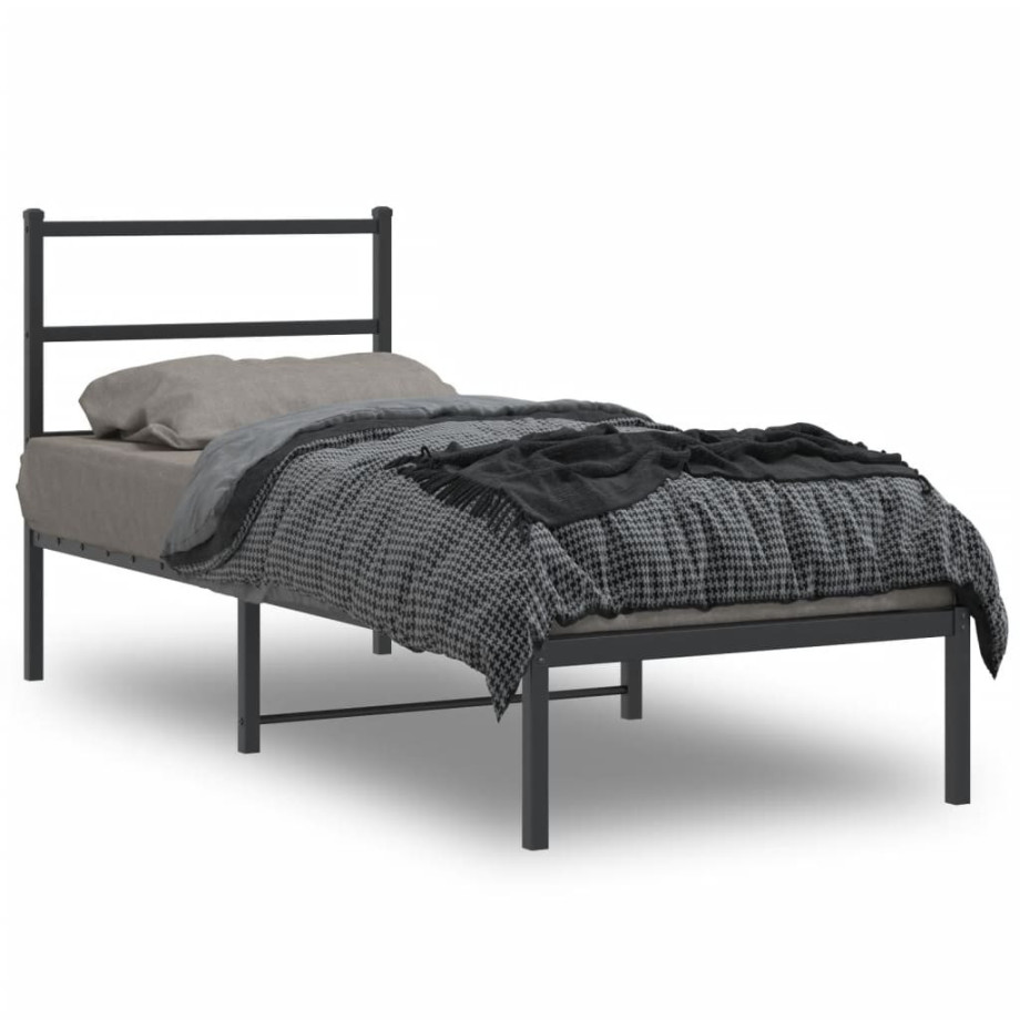 vidaXL Bedframe met hoofdbord metaal zwart 75x190 cm afbeelding 1