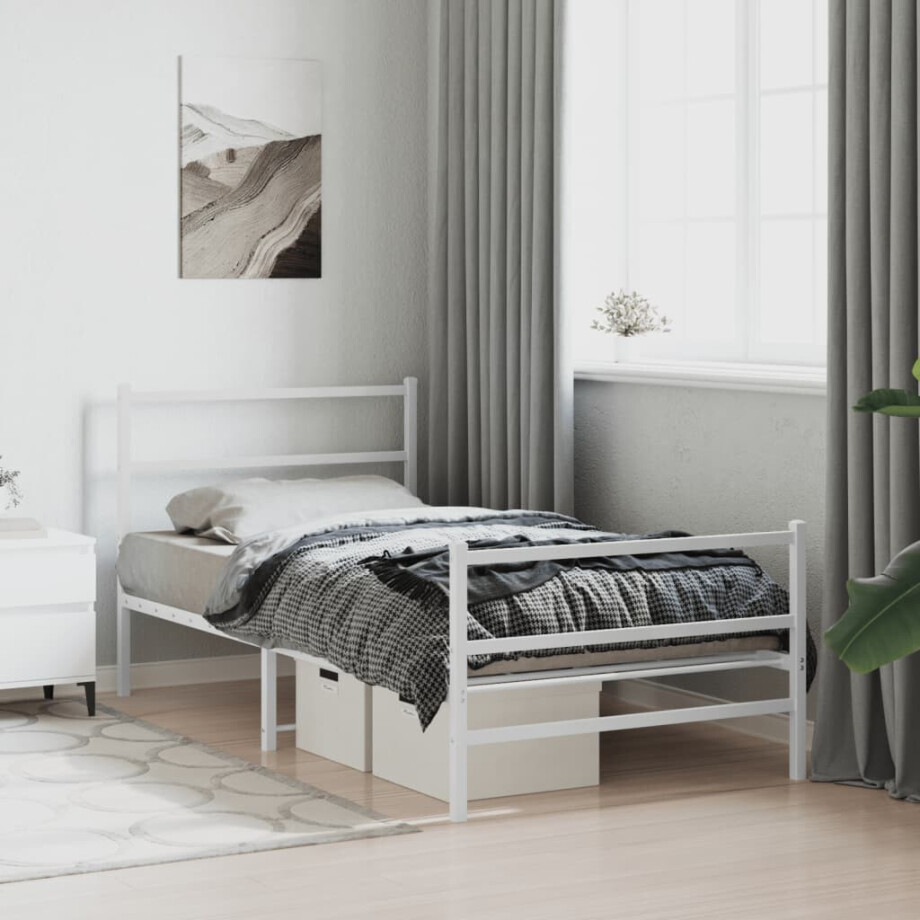 vidaXL Bedframe met hoofd- en voeteneinde metaal wit 100x190 cm afbeelding 1