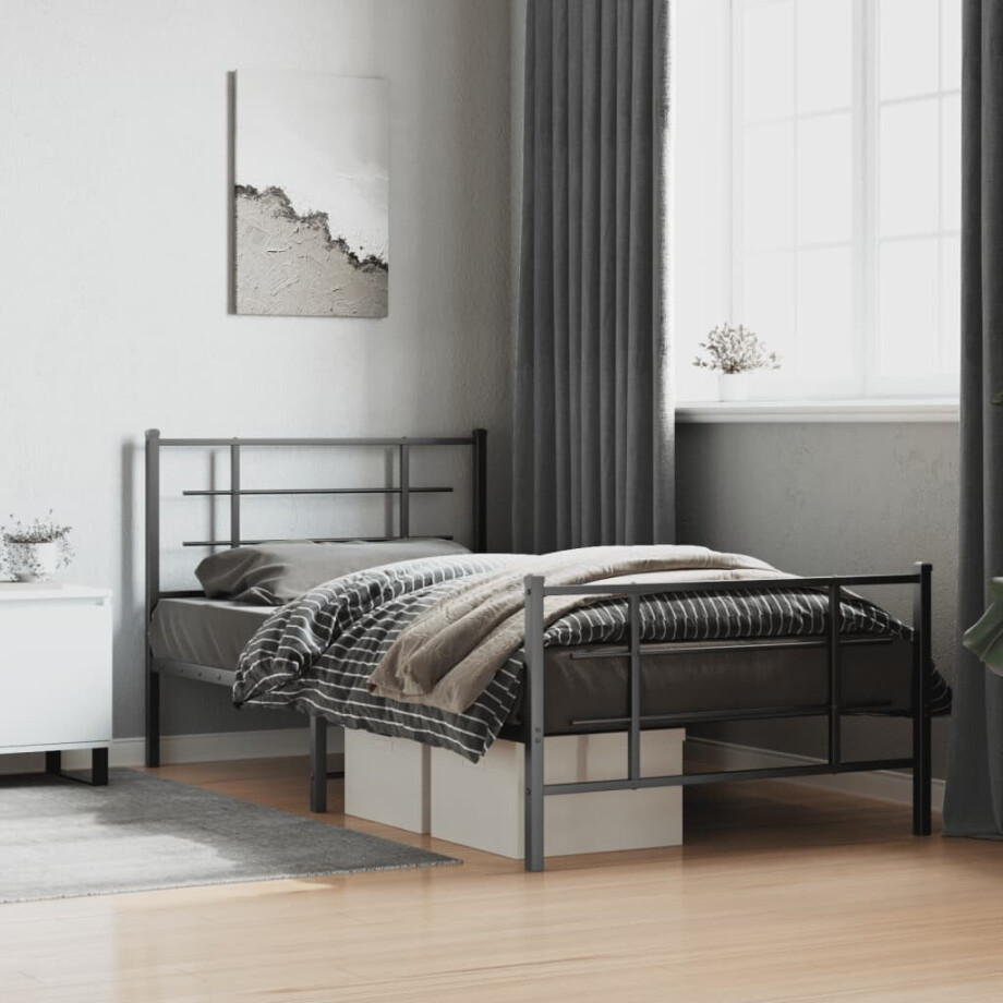 vidaXL Bedframe met hoofd- en voeteneinde metaal zwart 107x203 cm afbeelding 1