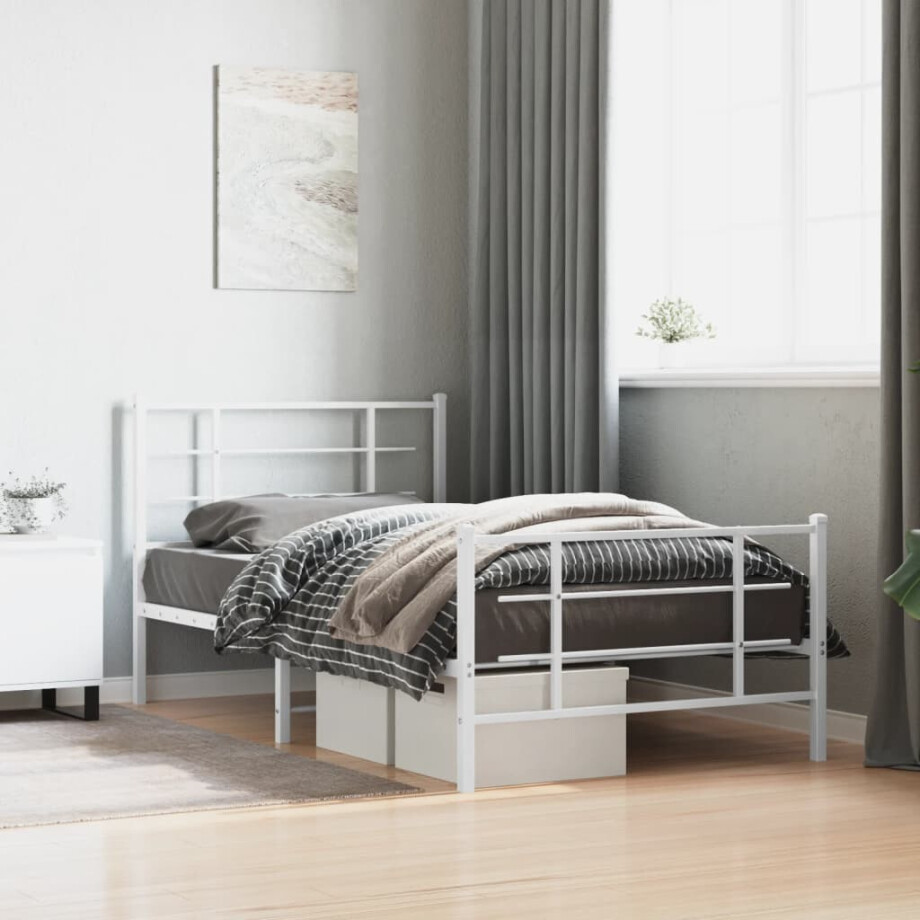 vidaXL Bedframe met hoofd- en voeteneinde metaal wit 100x200 cm afbeelding 1