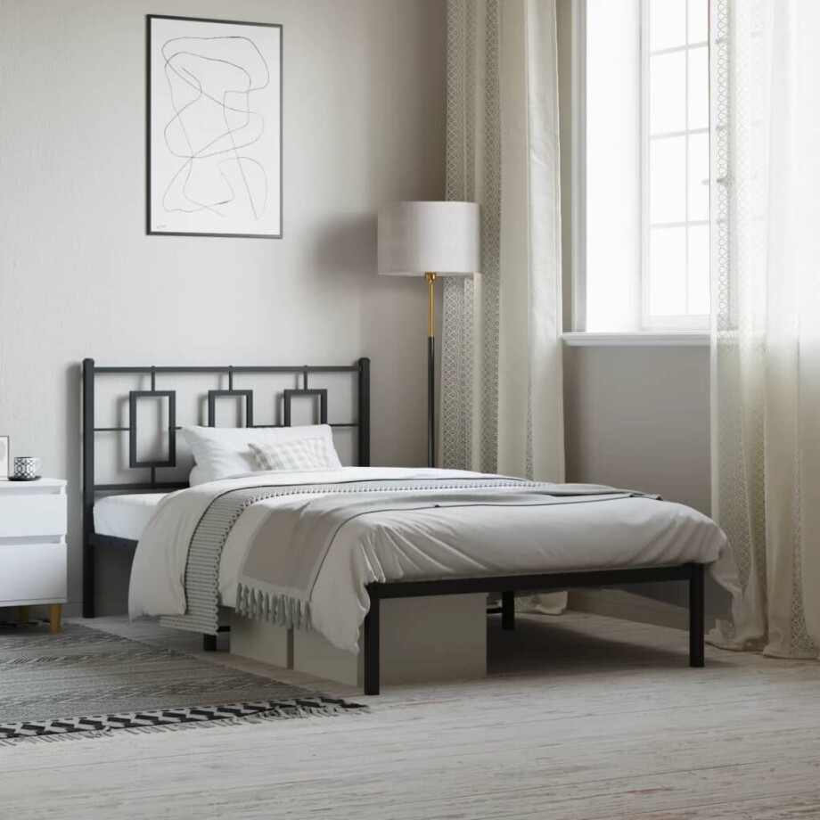 vidaXL Bedframe met hoofdbord metaal zwart 107x203 cm afbeelding 1