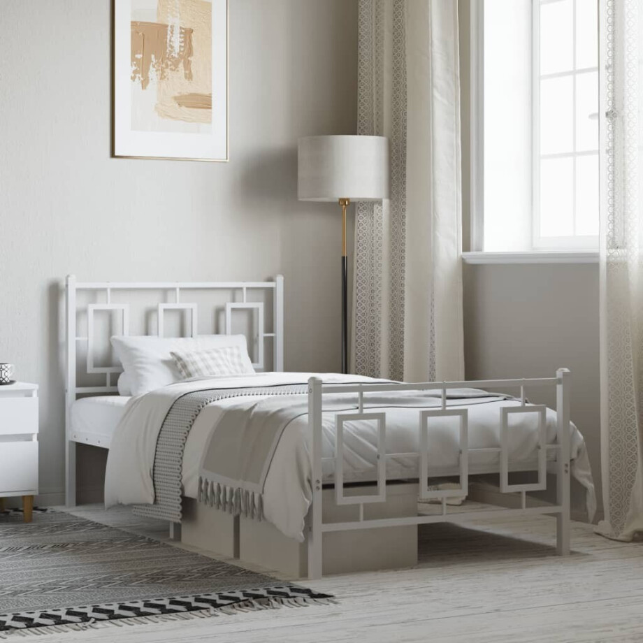 vidaXL Bedframe met hoofd- en voeteneinde metaal wit 90x200 cm afbeelding 1