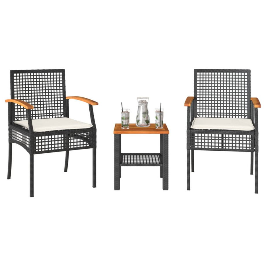 vidaXL 3-delige Bistroset met kussens poly rattan en acaciahout zwart afbeelding 1