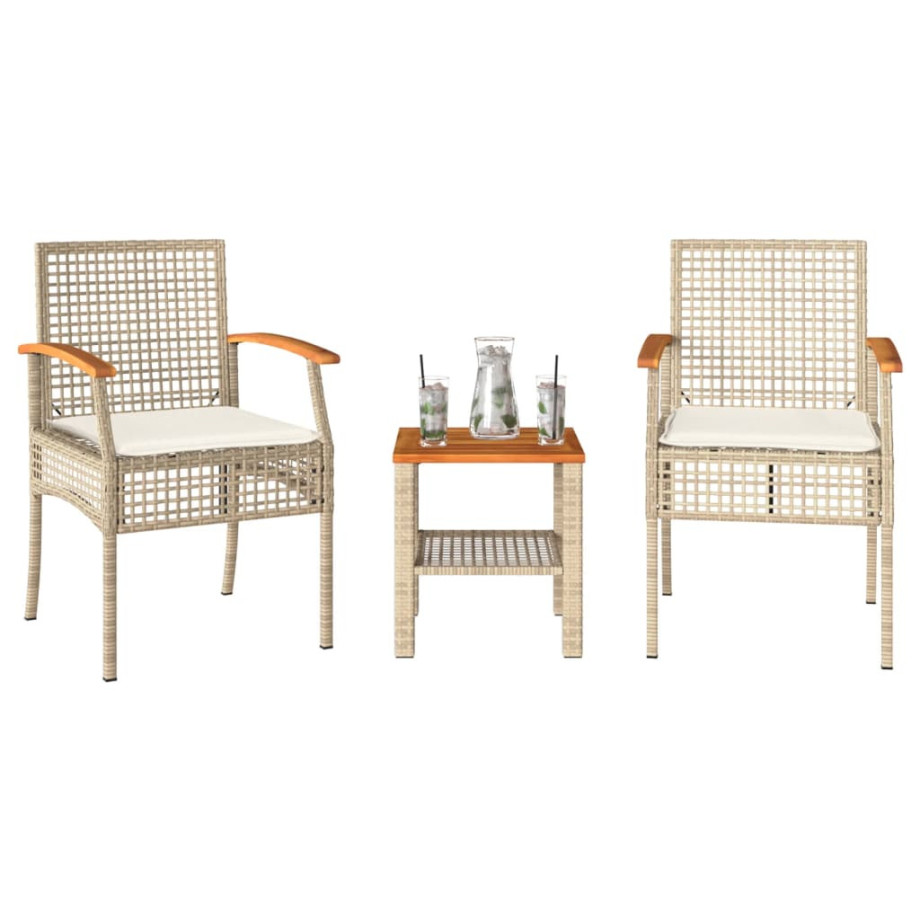 vidaXL 3-delige Bistroset met kussens poly rattan en acaciahout beige afbeelding 1